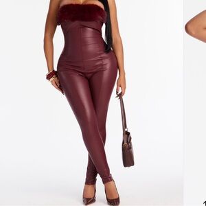 Fashion Nova burgundy faux fur trim jumpsuit